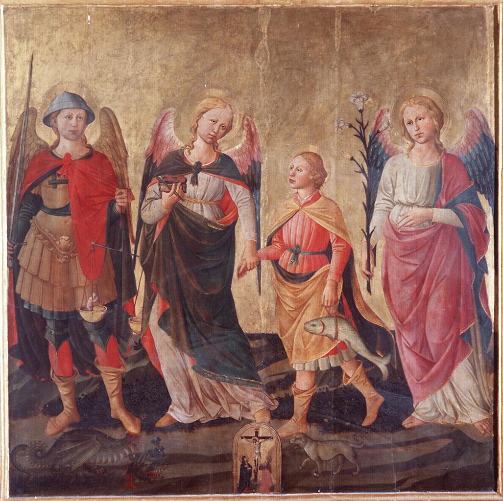 Tobia e i tre arcangeli, crocifissione di Cristo con la Madonna e San Giovanni e