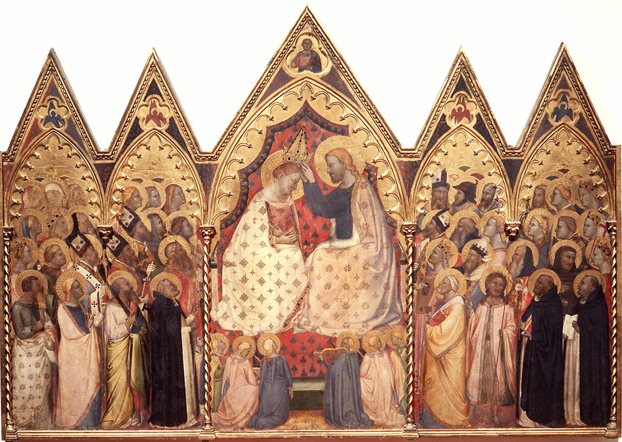 incoronazione di Maria Vergine, angeli, Santi, Dio Padre benedicente (polittico)