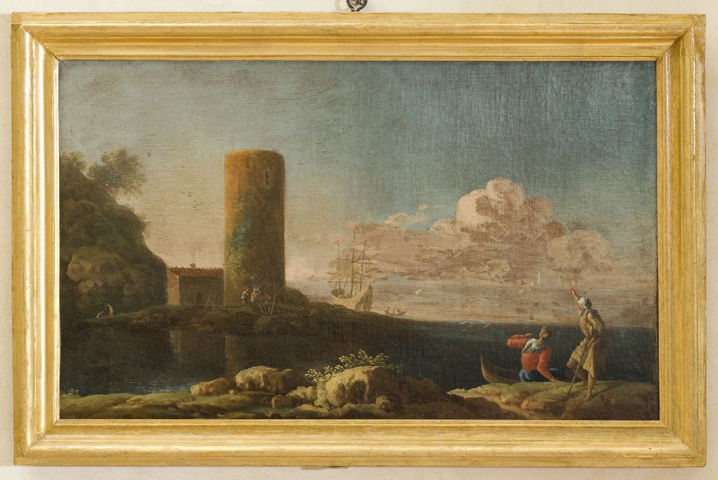 paesaggio, paesaggio marino con torre rotonda, scena pastorale in paesaggio mari