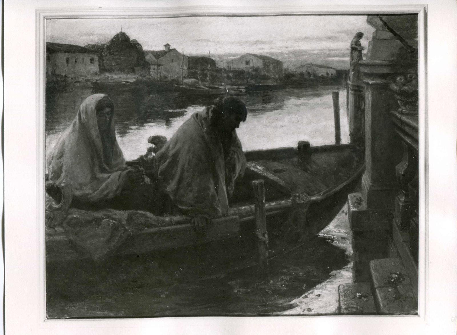 Due donne in barca accanto ad un molo a Chioggia (dipinto, opera isolata) di Baz