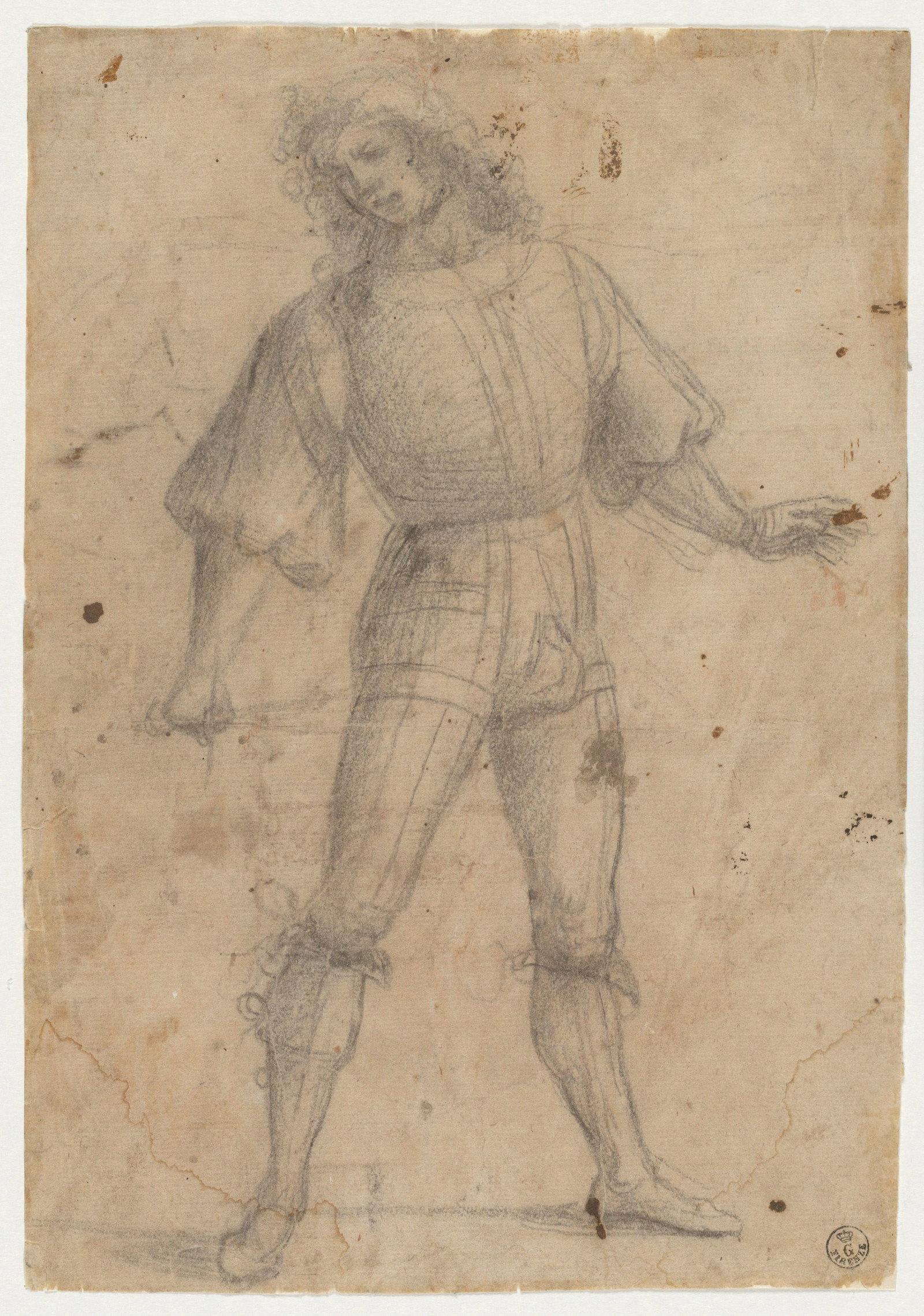(r.) Uomo giovane in piedi con le gambe divaricate, (v.) Schizzi di due teste (d