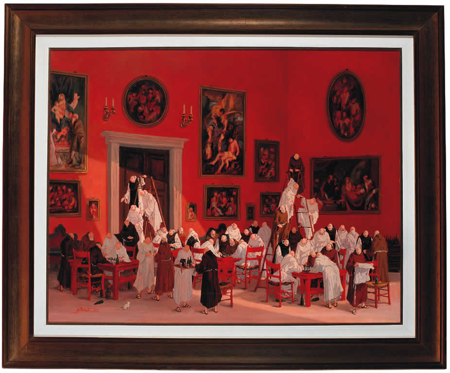 giocatori di scacchi (dipinto) di Bonetti Enzo (sec. XX)