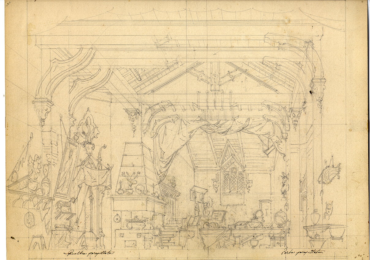 interno di laboratorio di alchimia/ veduta d'interno con scala (disegno, op