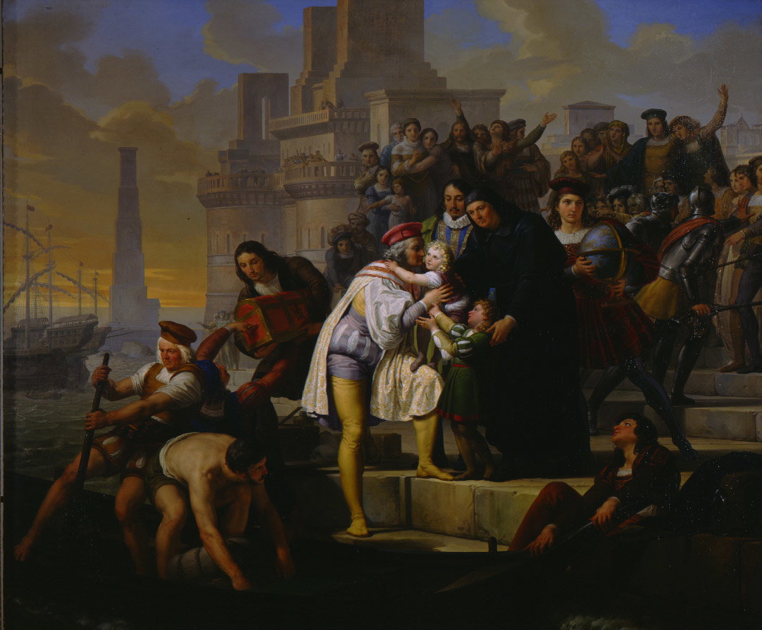 Cristoforo Colombo che stando per imbarcarsi nel porto di Palos per intraprender