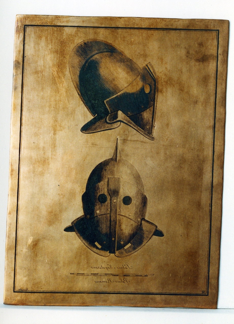 elmo di bronzo: veduta frontale e laterale (matrice) di Morghen Giovanni Elia, A