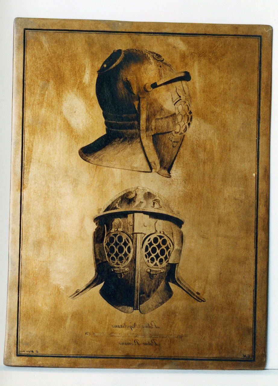 elmo di bronzo: veduta frontale e laterale (matrice) di Alloja Giuseppe, Morghen