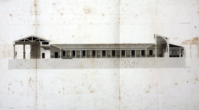 Sezione prospettica edificio di Eumachia a Pompei (incisione) di Mazois Charles  