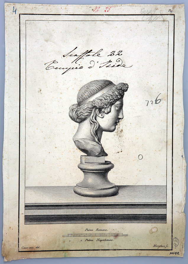 Testa di acrolito, incisione di Giovanni Battista Casanova e Giovanni Elia Morgh 