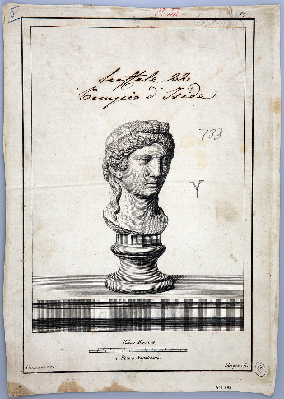 incisione raffigurante testa di acrolito di Casanova Giovanni Battista e Morghen