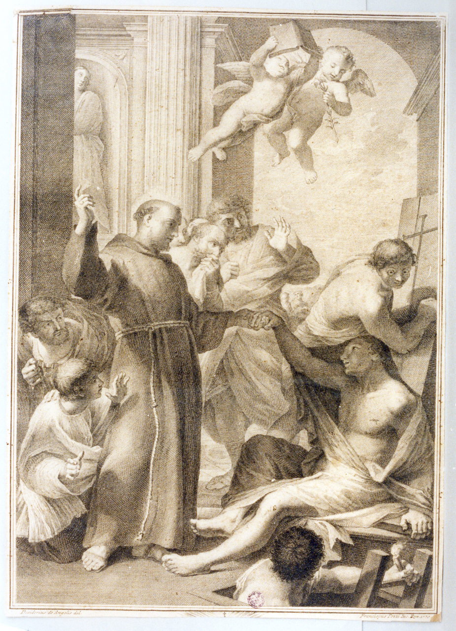 santo francescano resuscita un morto (stampa) di De Angelis Desiderio (sec. XVII