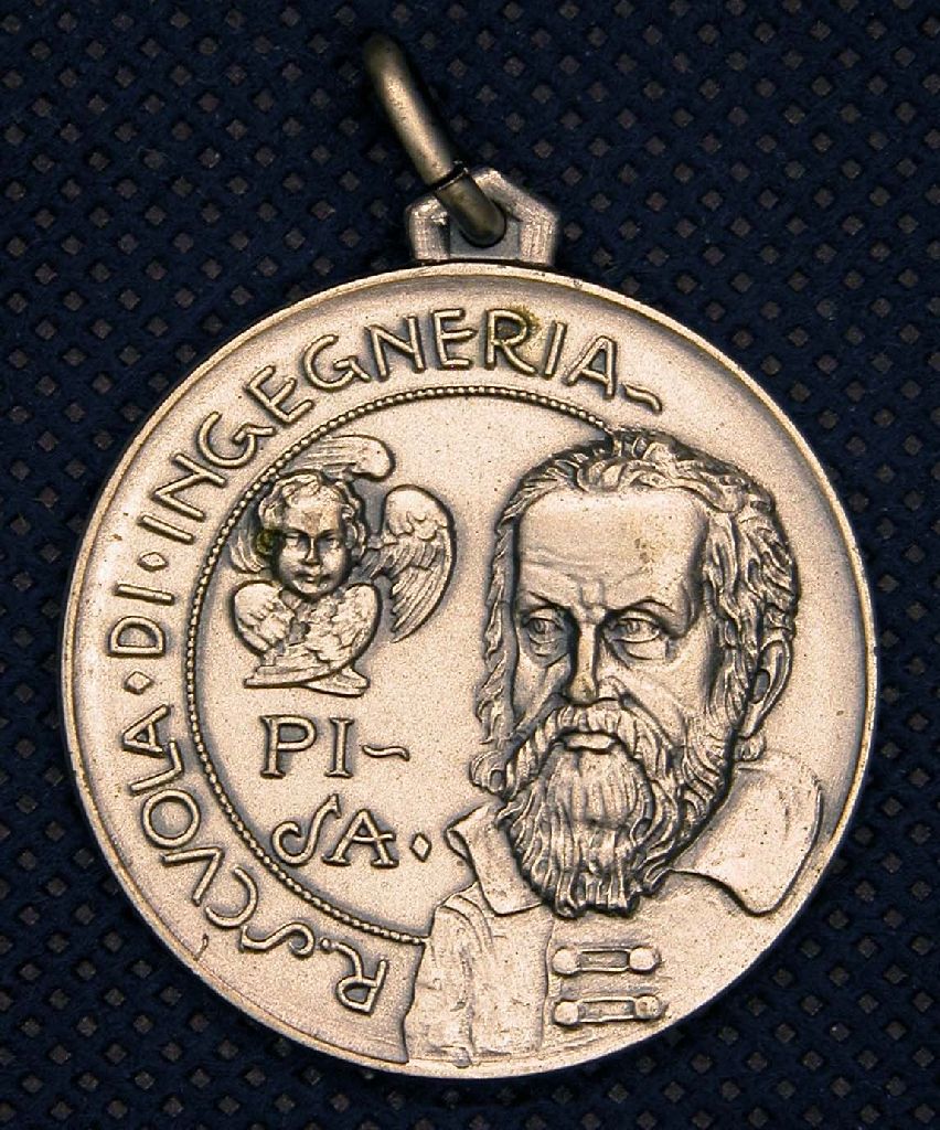 Diritto: Busto di Galileo Galilei, Cherubino e iscrizione; Rovescio: nel mezzo u