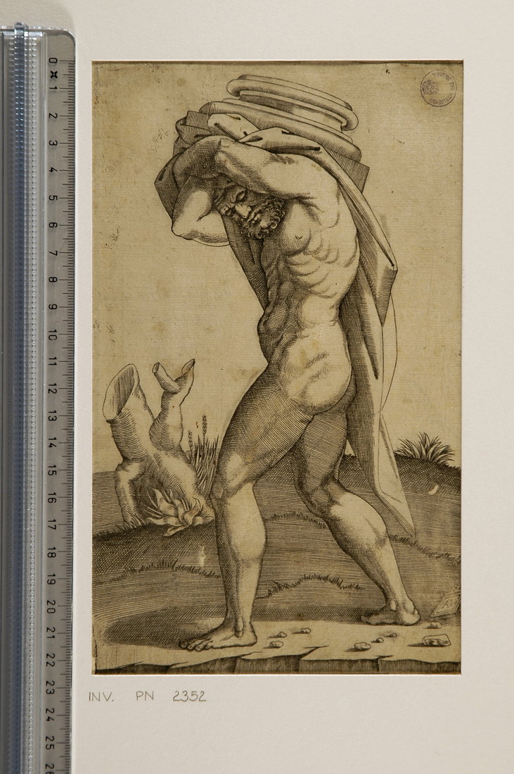 uomo che porta la base di una colonna (stampa smarginata) by Musi Agostino de, S