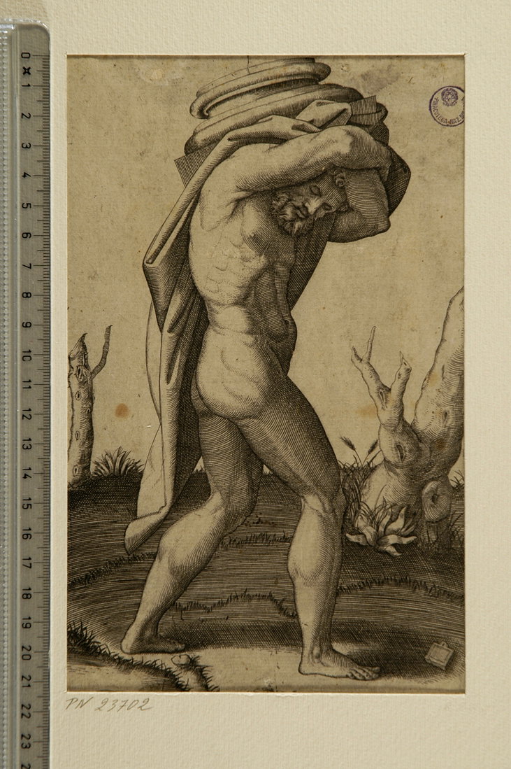 uomo che porta la base di una colonna (stampa smarginata) by Raimondi Marcantoni