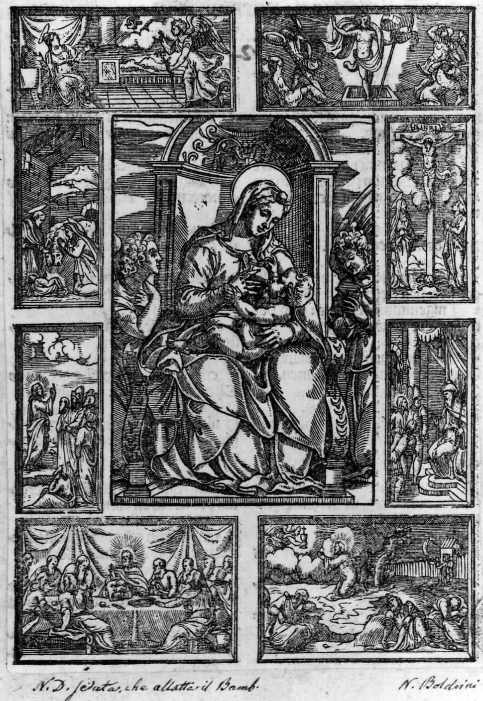Madonna in trono che allatta il Bambino e otto storie evangeliche in riquadri: A