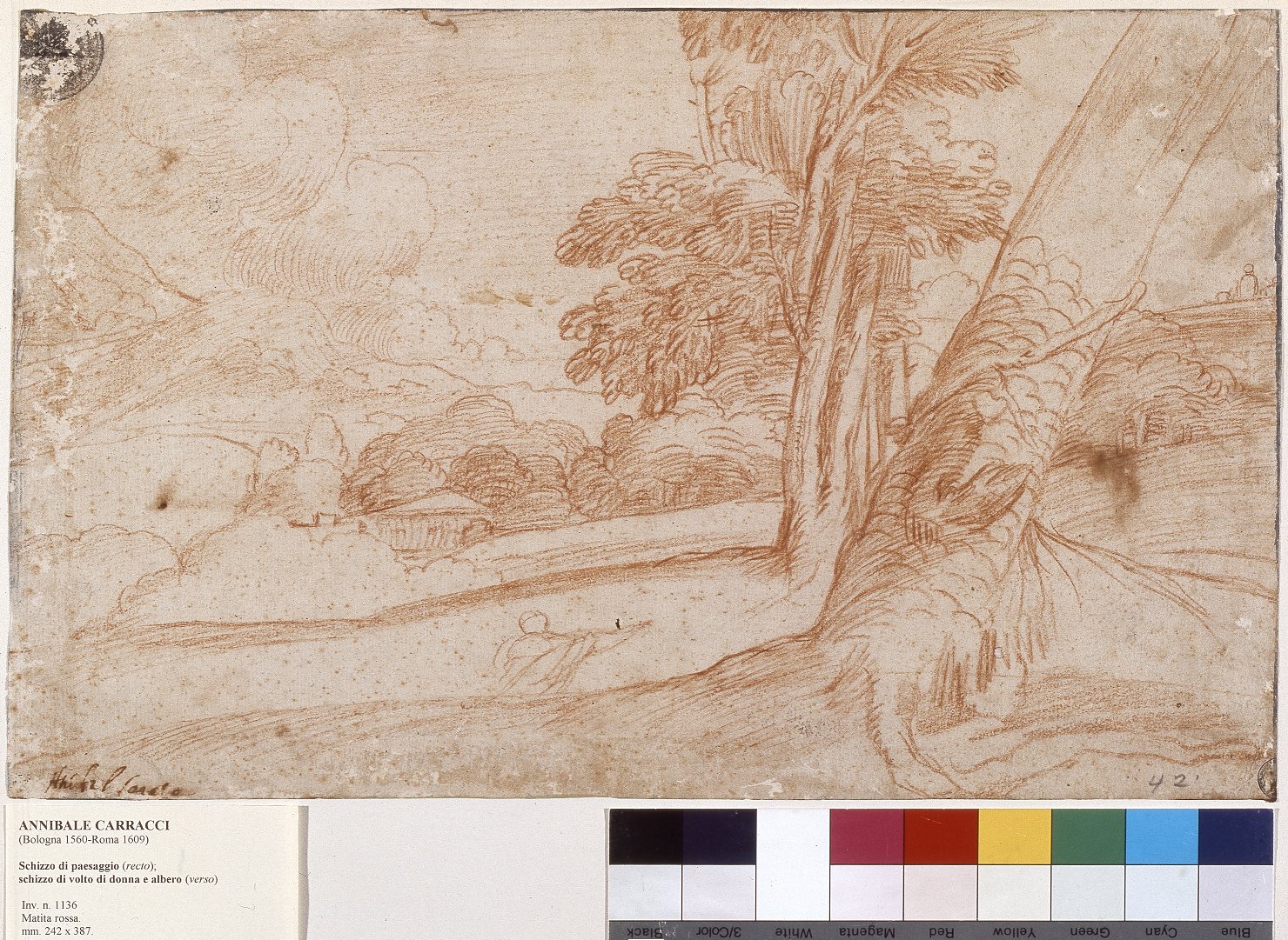 Schizzo di paesaggio con alberi ('recto'; Schizzo di volto e di un alb