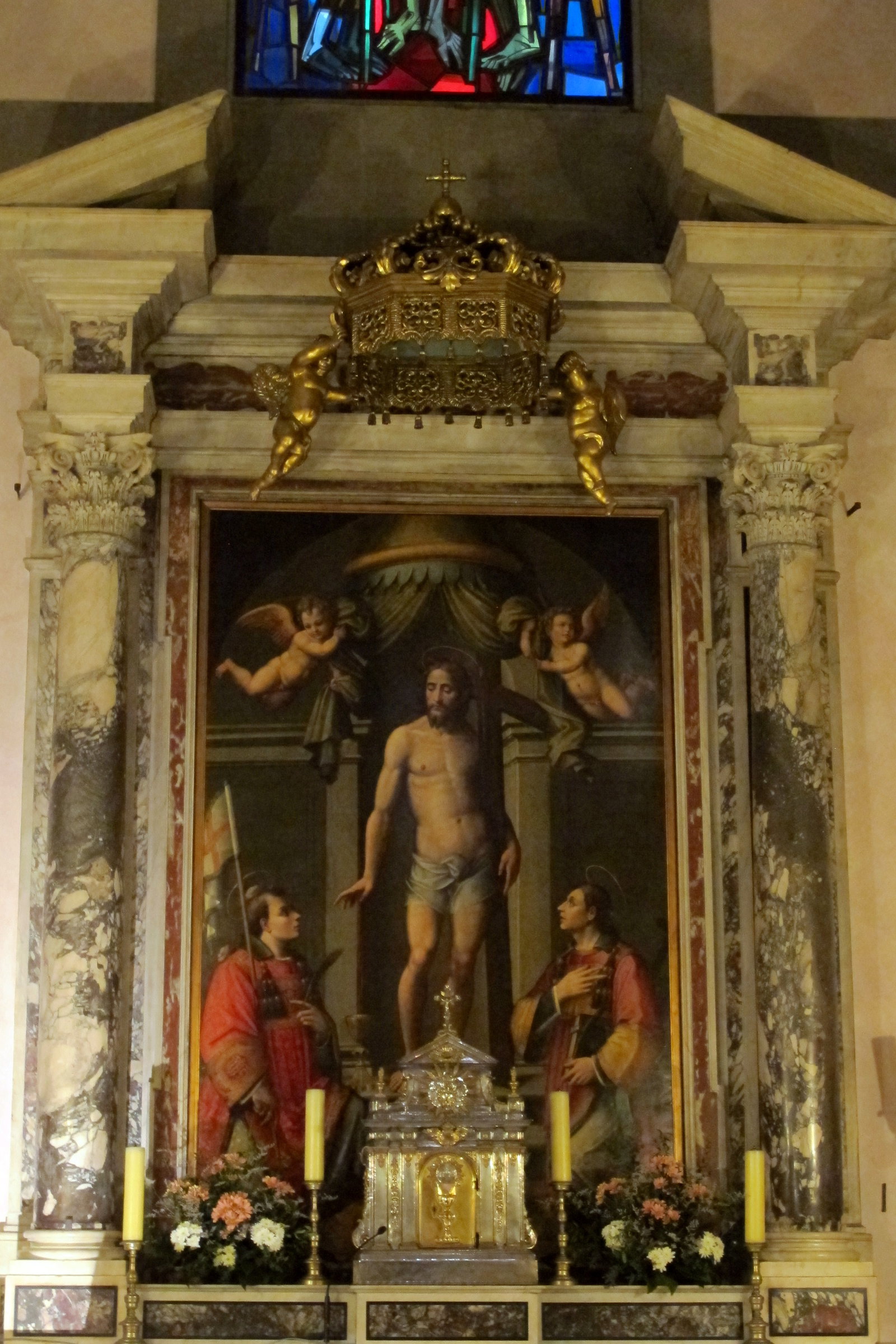 Cristo risorto tra angeli e santi (dipinto) by Poggini Zanobi (sec. XVI)