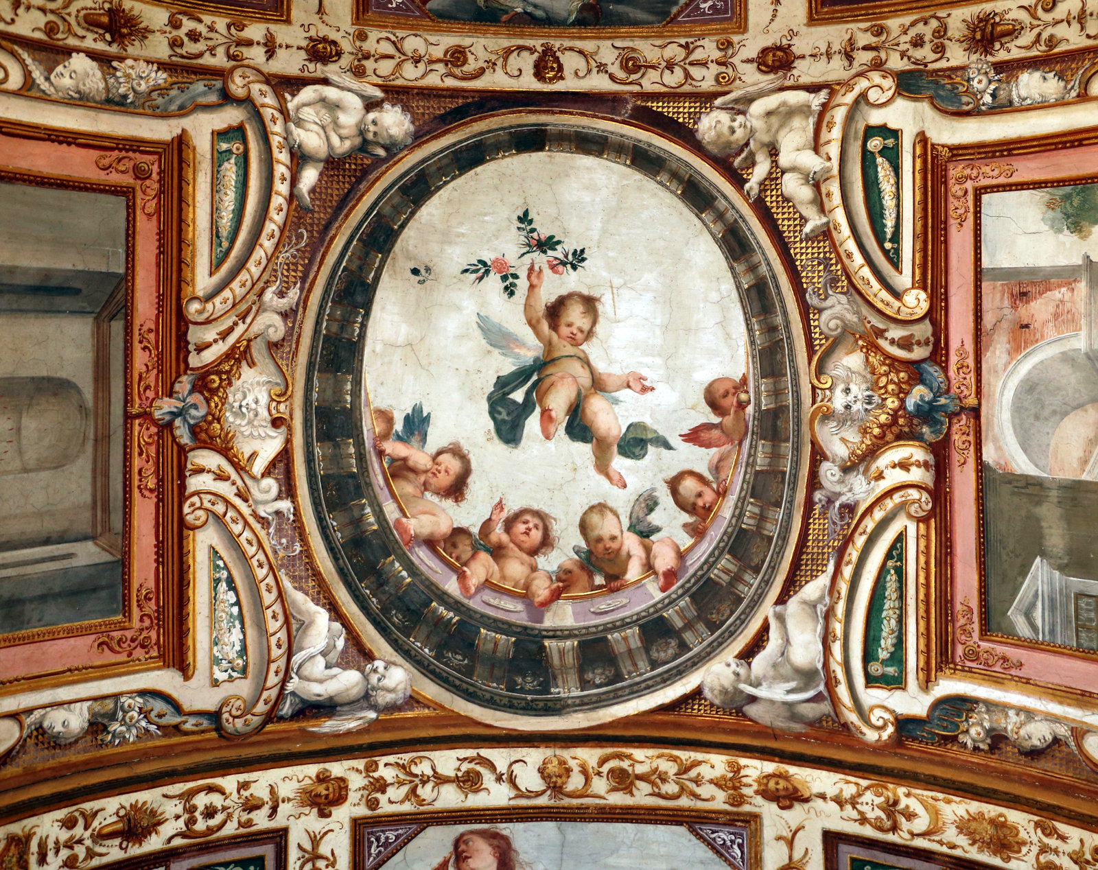 Gdsg, cappella della crocetta, 1621 ca., volta 06 affaccio di putti