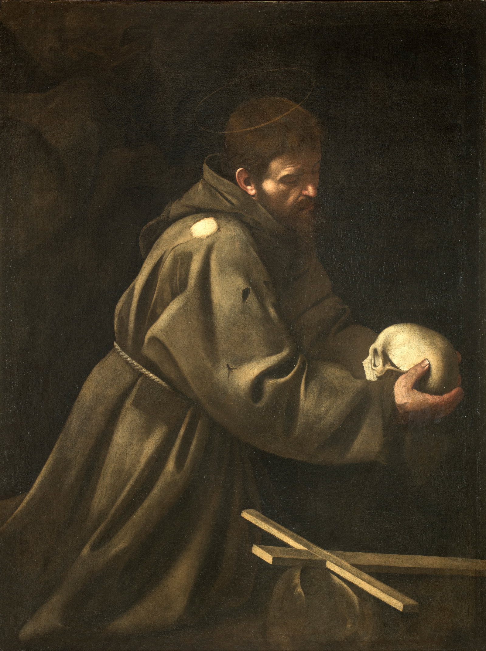 san Francesco d'Assisi in meditazione (dipinto) di Merisi Michelangelo dett